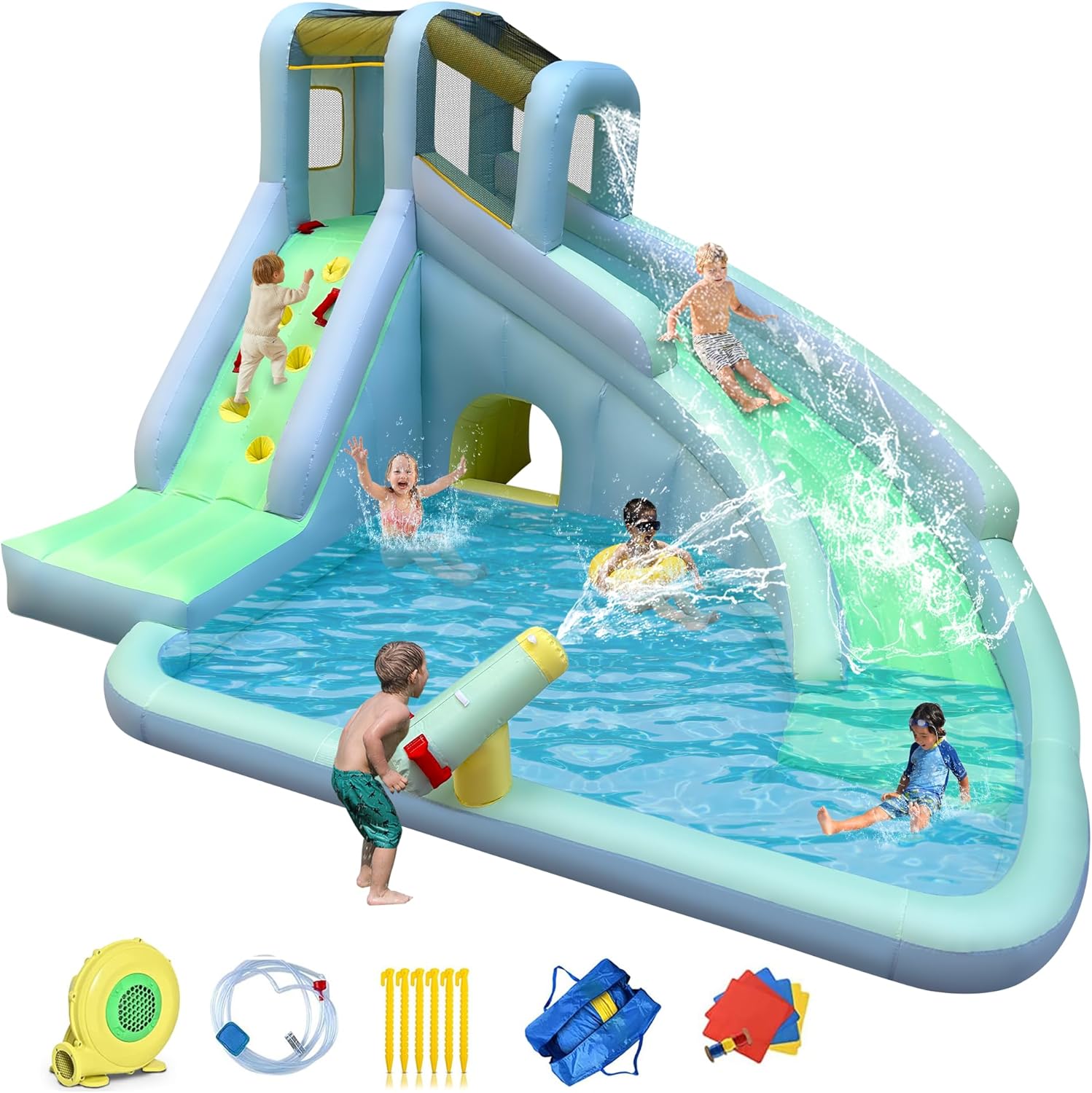 Kids Outdoor Park - 6-in-1 Aufblasbares Kinder-Hüpfburg-Wasserpark, 550W Gebläse Inklusive,