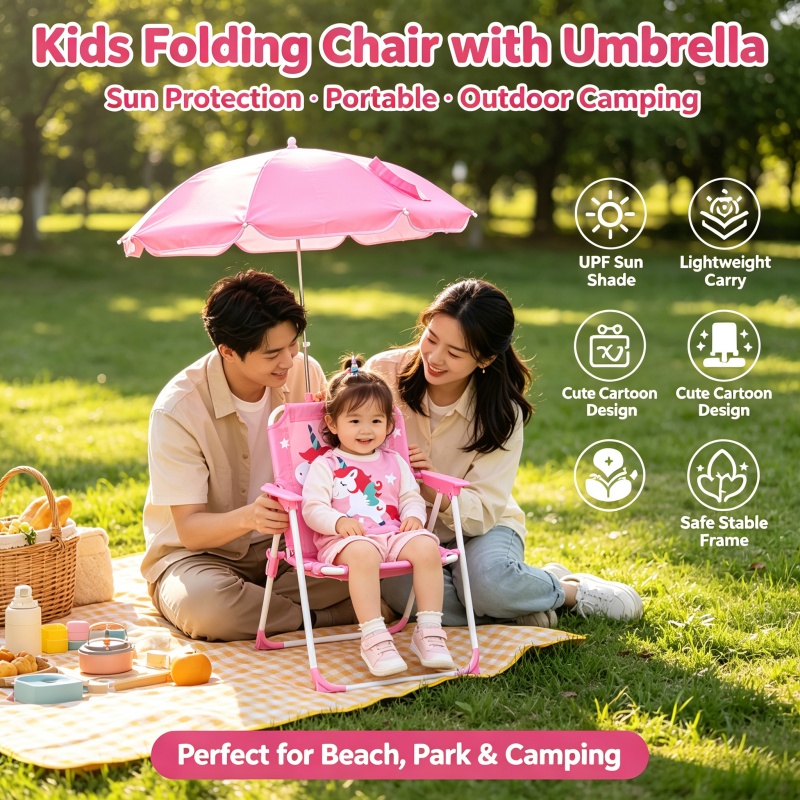 Kids Outdoor Umbrella Chair - Kinder-Klappstuhl mit Sonnenschirm-Set, tragbarer Baby-Stuhl mit
