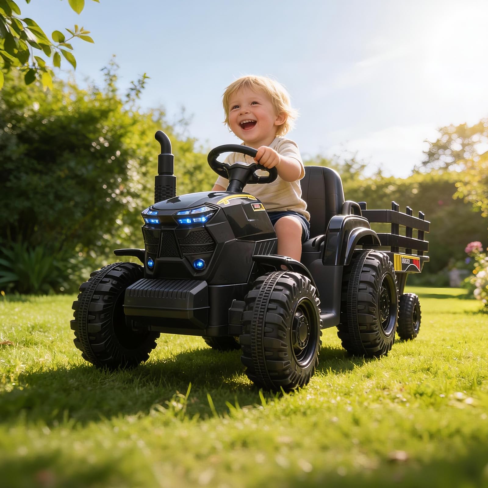 Kids Outdoor Music - 12V Kinder-Traktor mit Anhänger, Doppel-35W-Motoren, 3-Gang