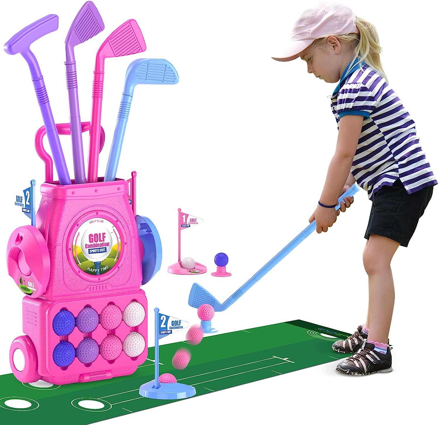 Kids Indoor Outdoor Cart - Rosa Kinder-Golfschläger-Set mit Putting-Matte, 4 Kleinkind-Golfschläger,